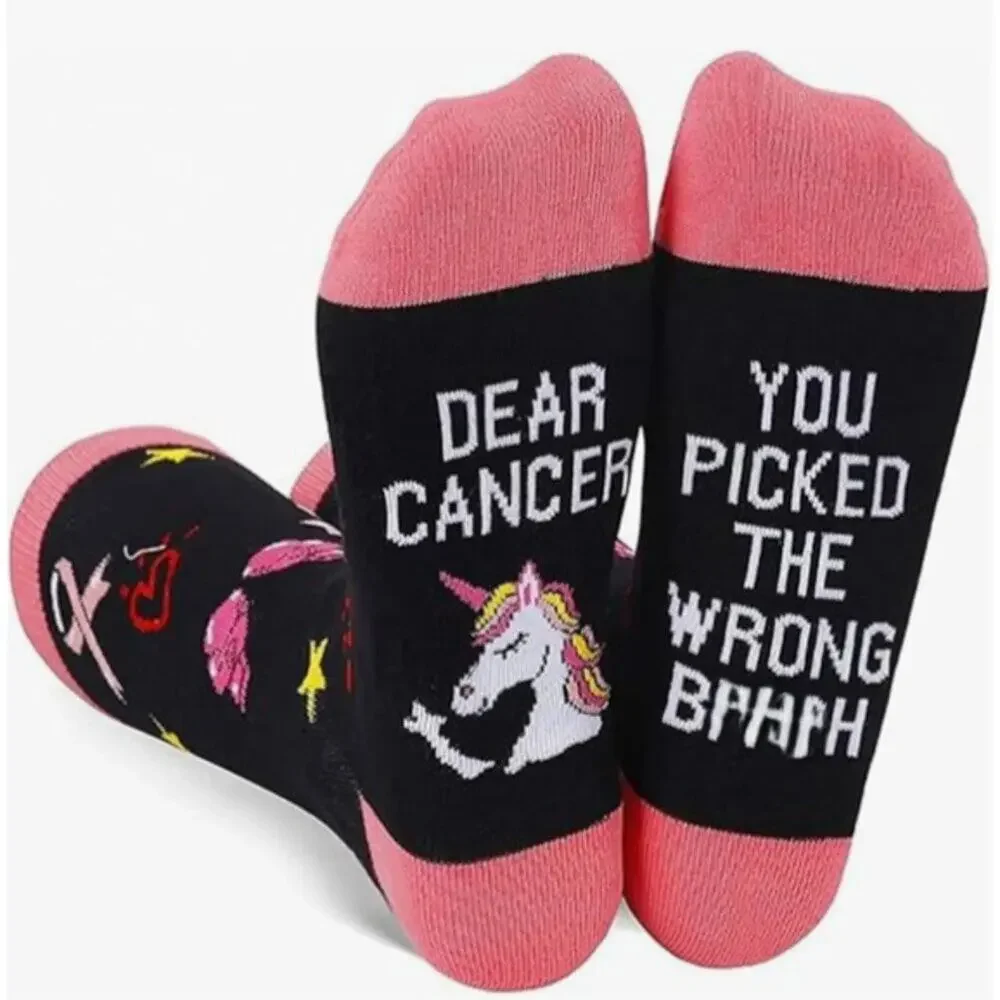 Pink Black Unicorn Breast Cancer Awareness Womens Funny Inspirational Socks NWT